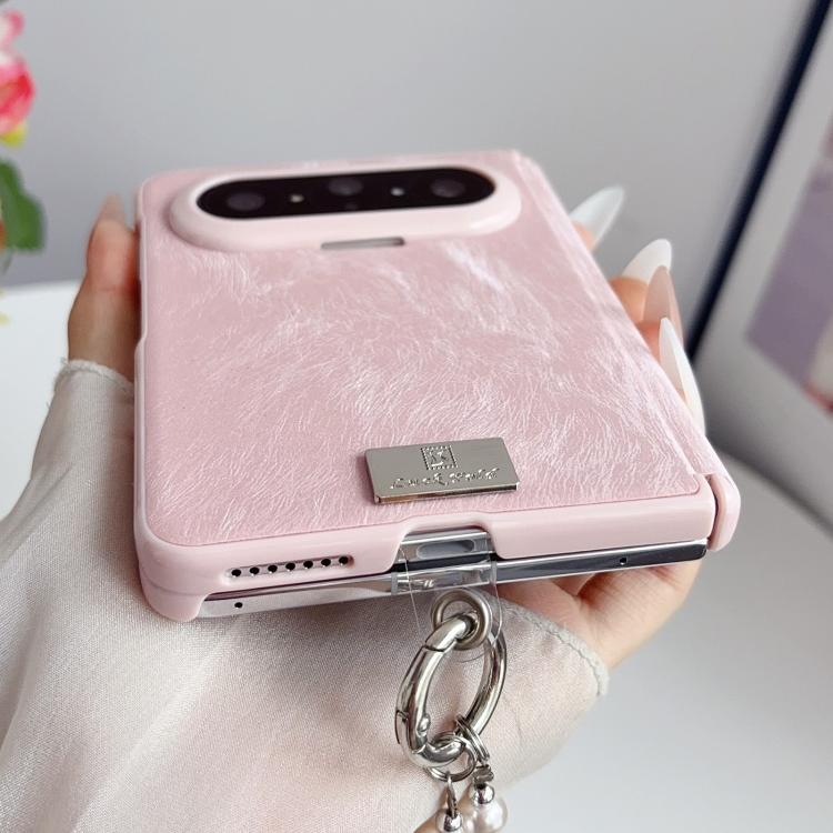 For Huawei Pura X Max Nameplate Pink-Edged Dual-Hinge Magnetic Silk Texture Phone Case with Wrist Strap - Pink