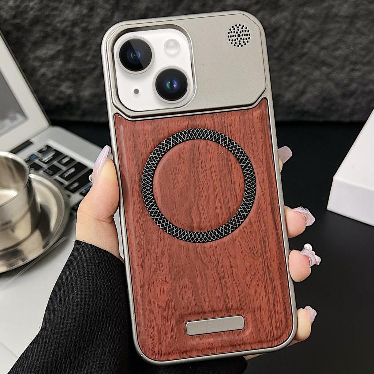 For iPhone 13 / 14 Wood Grain Magnetic PC Shockproof Phone Case