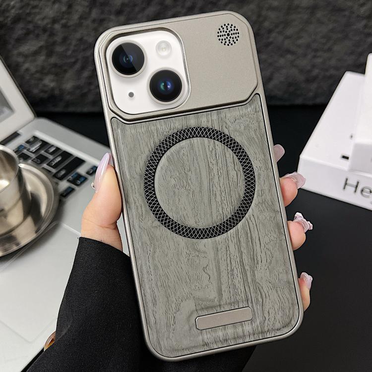 For iPhone 15 Wood Grain Magnetic PC Shockproof Phone Case