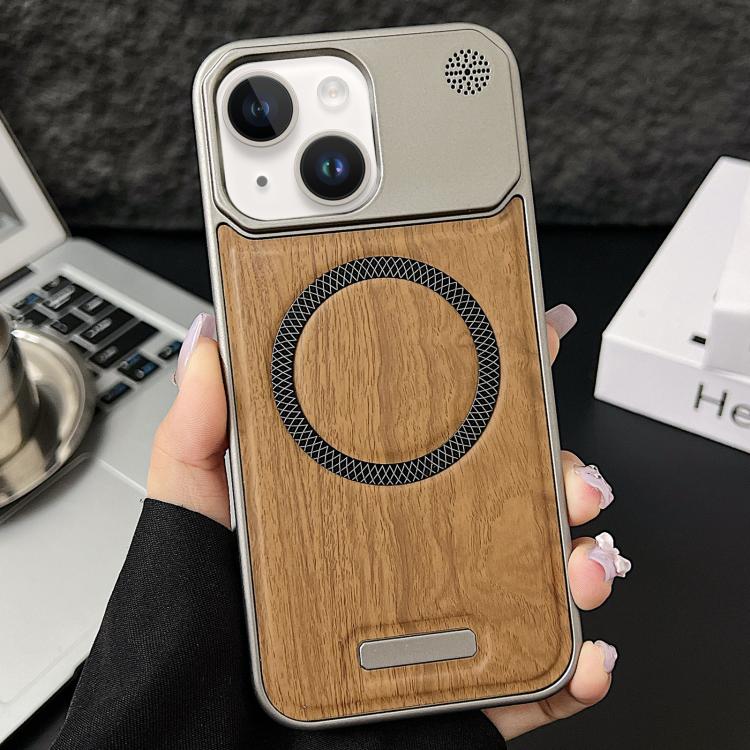 For iPhone 15 Wood Grain Magnetic PC Shockproof Phone Case