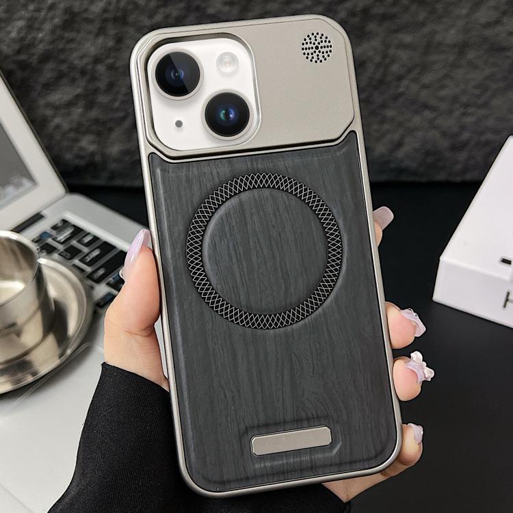 For iPhone 15 Plus / 14 Plus Wood Grain Magnetic PC Shockproof Phone Case