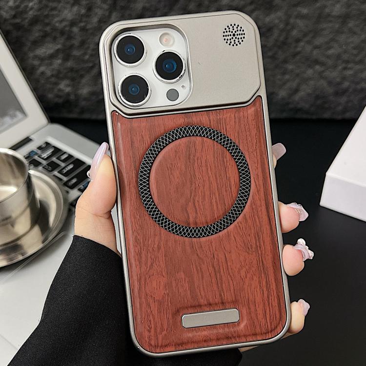 For iPhone 15 Pro Max Wood Grain Magnetic PC Shockproof Phone Case