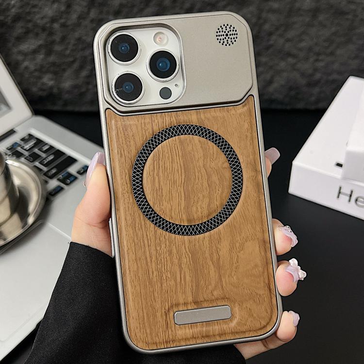 For iPhone 15 Pro Max Wood Grain Magnetic PC Shockproof Phone Case
