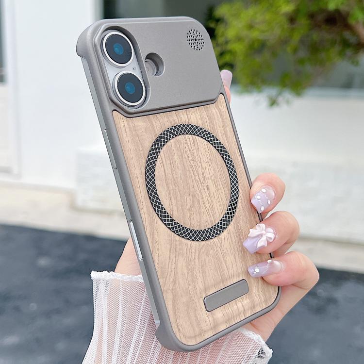 For iPhone 16 Wood Grain Magnetic PC Shockproof Phone Case
