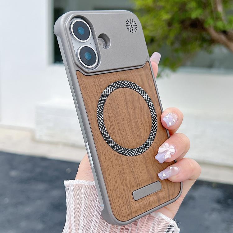 For iPhone 16 Wood Grain Magnetic PC Shockproof Phone Case