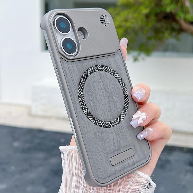 For iPhone 16 Plus Wood Grain Magnetic PC Shockproof Phone Case