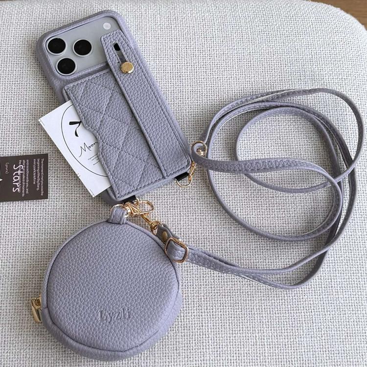 For iPhone 17 Pro Diamond Pattern Wristband Card Slot PU Phone Case with Small Wallet