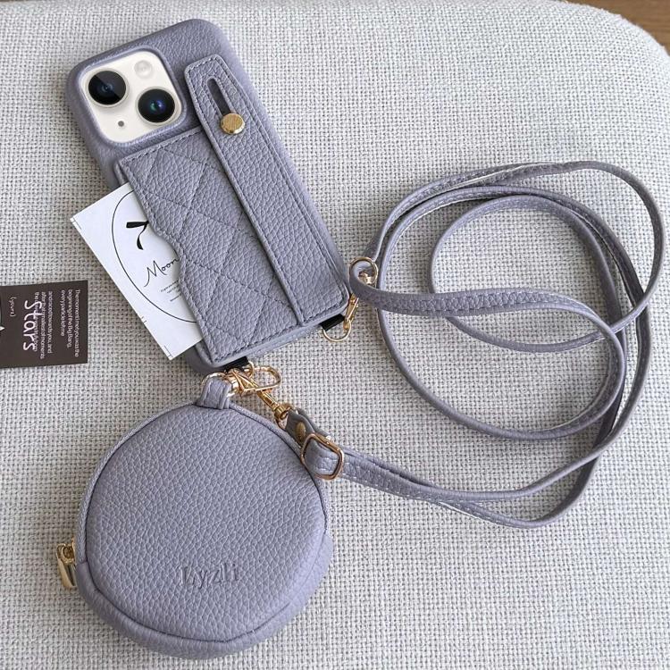 For iPhone 14 Plus Diamond Pattern Wristband Card Slot PU Phone Case with Small Wallet
