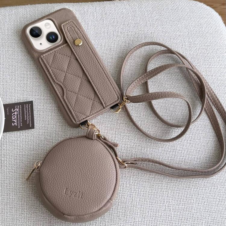 For iPhone 14 Plus Diamond Pattern Wristband Card Slot PU Phone Case with Small Wallet