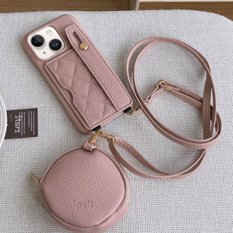 For iPhone 13 Diamond Pattern Wristband Card Slot PU Phone Case with Small Wallet