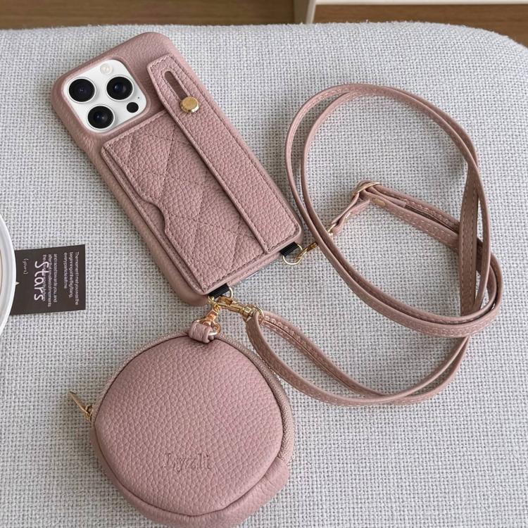 For iPhone 12 Pro Diamond Pattern Wristband Card Slot PU Phone Case with Small Wallet