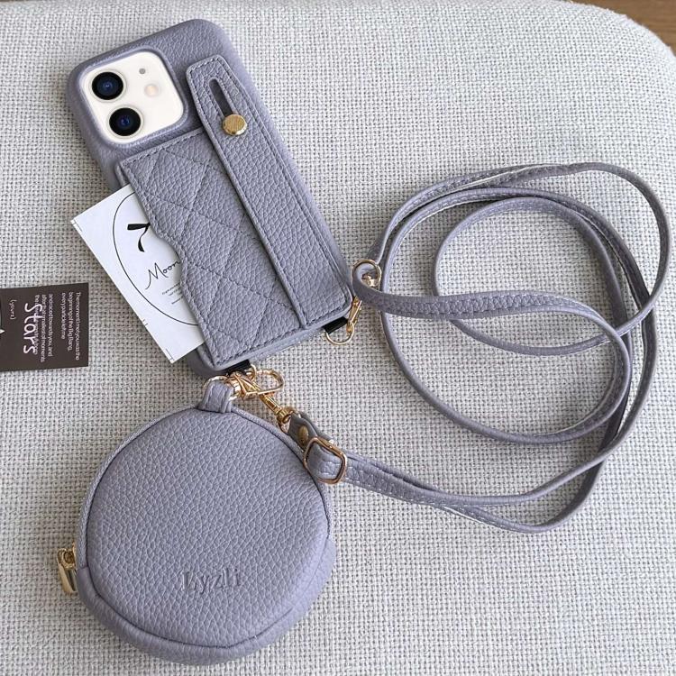 For iPhone 12 Diamond Pattern Wristband Card Slot PU Phone Case with Small Wallet