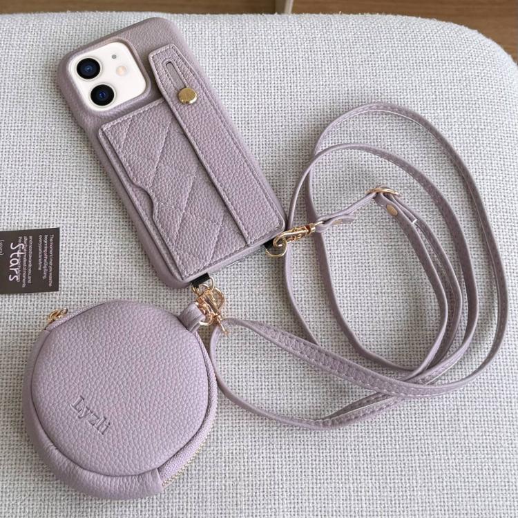 For iPhone 12 Diamond Pattern Wristband Card Slot PU Phone Case with Small Wallet