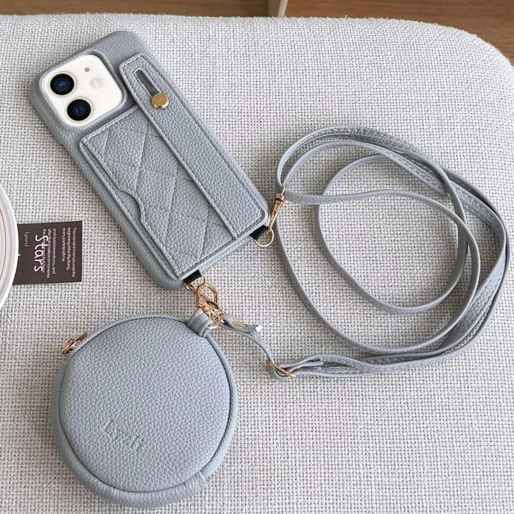 For iPhone 12 Diamond Pattern Wristband Card Slot PU Phone Case with Small Wallet