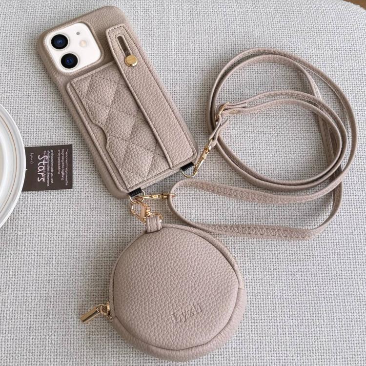 For iPhone 12 Diamond Pattern Wristband Card Slot PU Phone Case with Small Wallet
