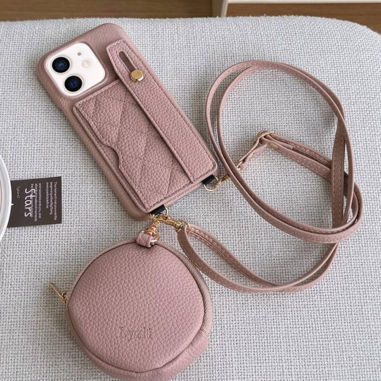 For iPhone 11 Diamond Pattern Wristband Card Slot PU Phone Case with Small Wallet