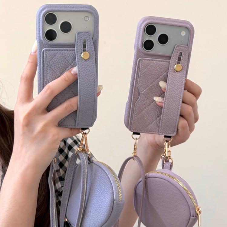 For iPhone 11 Pro Diamond Pattern Wristband Card Slot PU Phone Case with Small Wallet