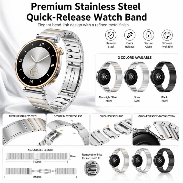 18mm One-Bead Butterfly Clasp Sliding Quick Release Stainless Steel Watch Band