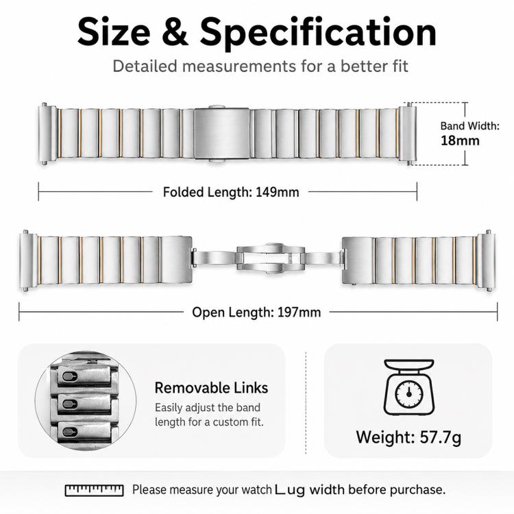 18mm One-Bead Butterfly Clasp Sliding Quick Release Stainless Steel Watch Band