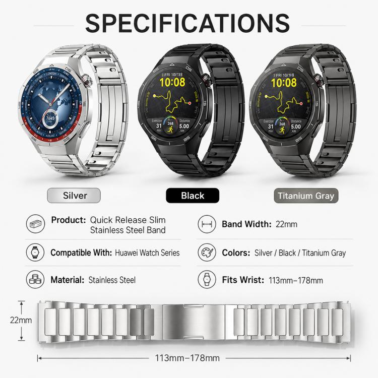 22mm Thin H-Shape Folding Clasp Quick Release Stainless Steel Watch Band