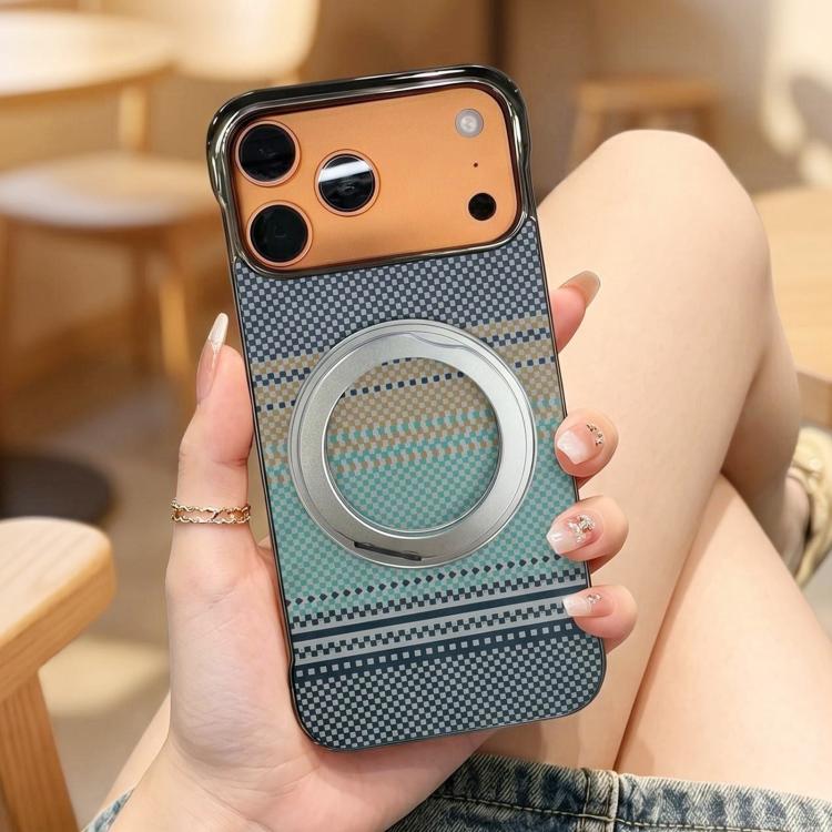 For iPhone 15 Pro Max Electroplated Frameless Kevlar 360 Degree Rotation Holder Magnetic Phone Case