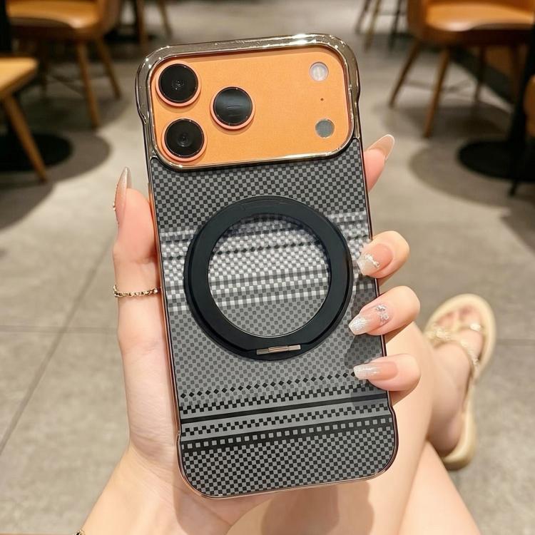 For iPhone 15 Pro Electroplated Frameless Kevlar 360 Degree Rotation Holder Magnetic Phone Case