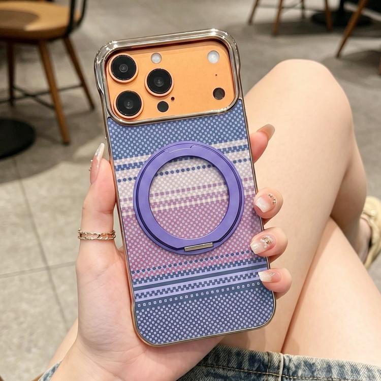 For iPhone 15 Electroplated Frameless Kevlar 360 Degree Rotation Holder Magnetic Phone Case