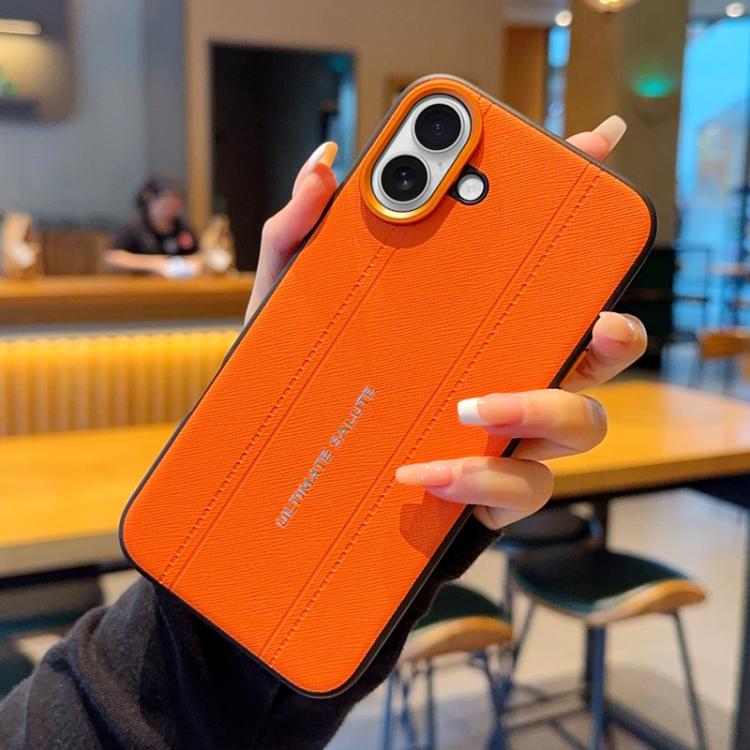 For iPhone 16 Plus Metal Camera Lens Frame Buttons Vegan Leather Phone Case