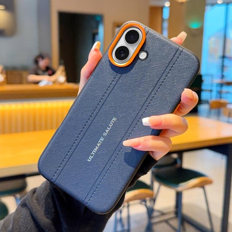 For iPhone 16 Plus Metal Camera Lens Frame Buttons Vegan Leather Phone Case
