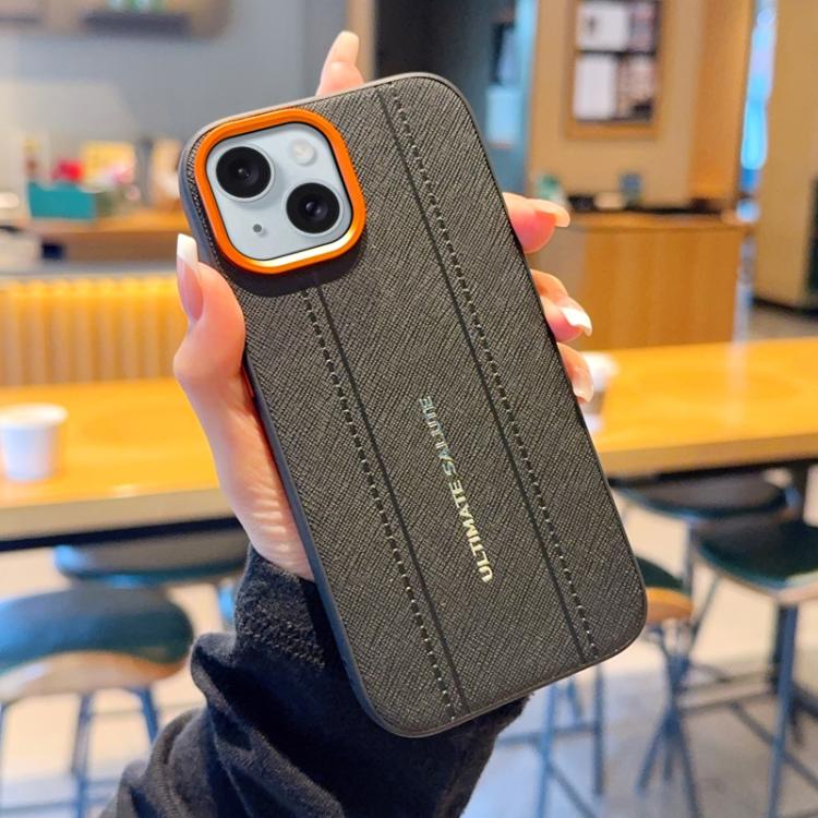 For iPhone 15 Plus Metal Camera Lens Frame Buttons Vegan Leather Phone Case