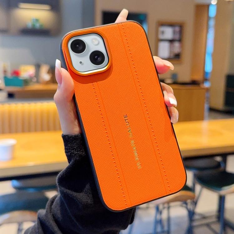 For iPhone 15 Metal Camera Lens Frame Buttons Vegan Leather Phone Case