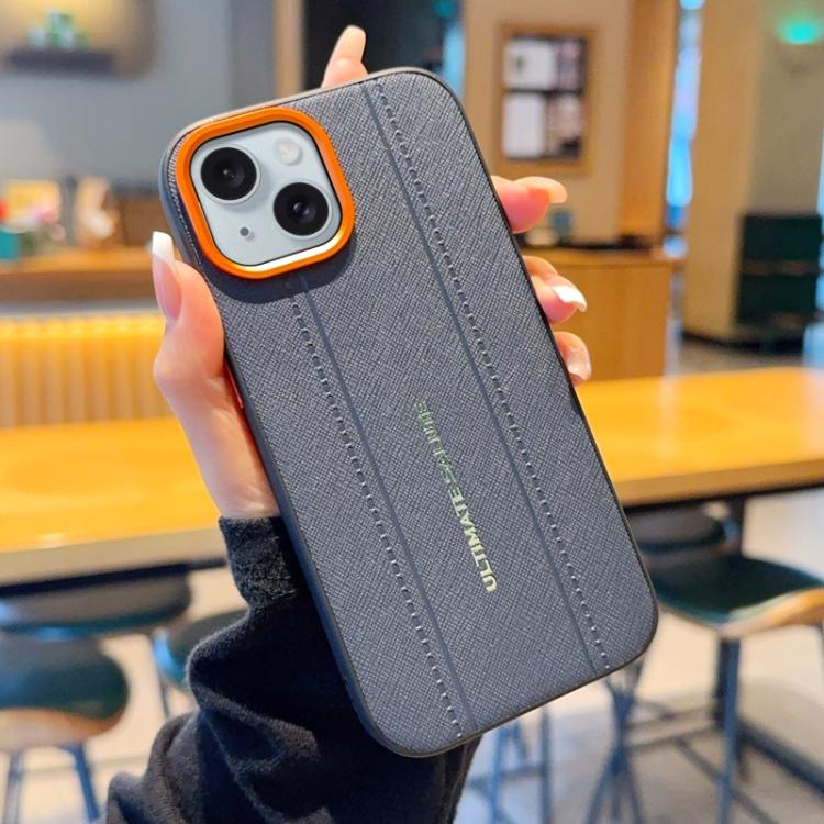 For iPhone 15 Metal Camera Lens Frame Buttons Vegan Leather Phone Case