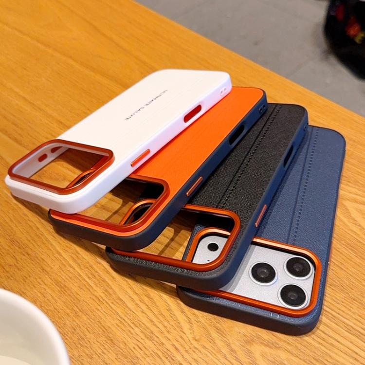For iPhone 16 Plus Metal Camera Lens Frame Buttons Vegan Leather Phone Case