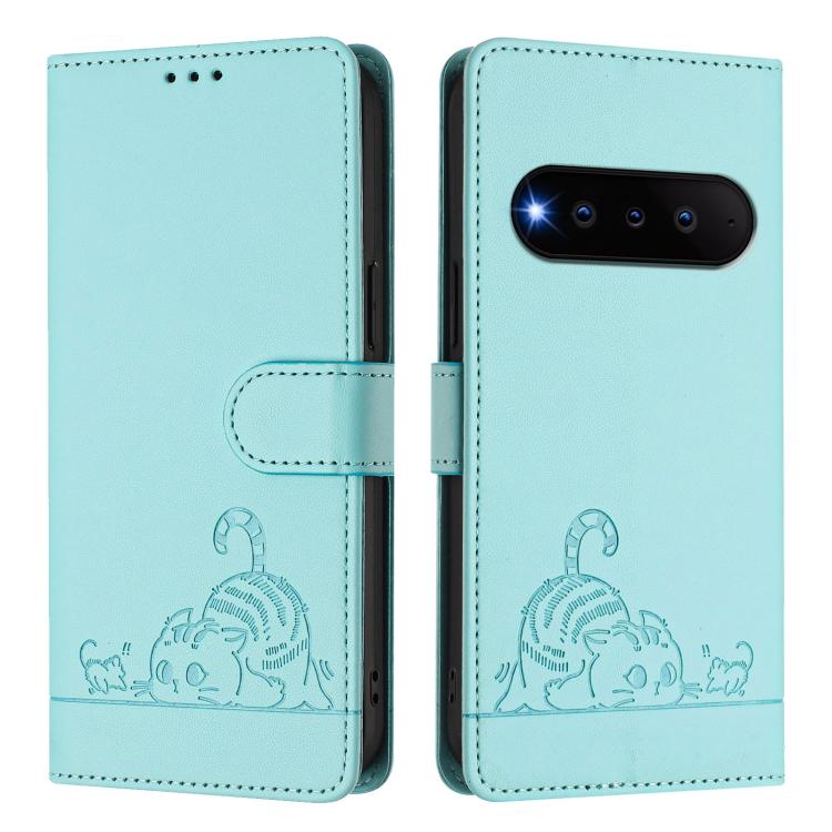 For Natural AI Phone 5G Cat Rat Embossed Pattern RFID Leather Phone Case with Lanyard