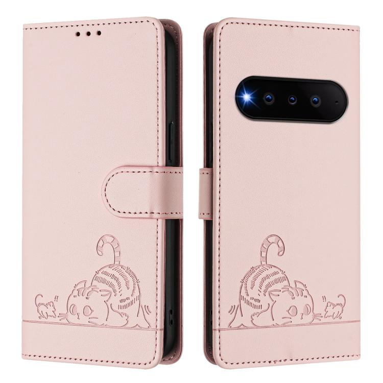 For Natural AI Phone 5G Cat Rat Embossed Pattern RFID Leather Phone Case with Lanyard