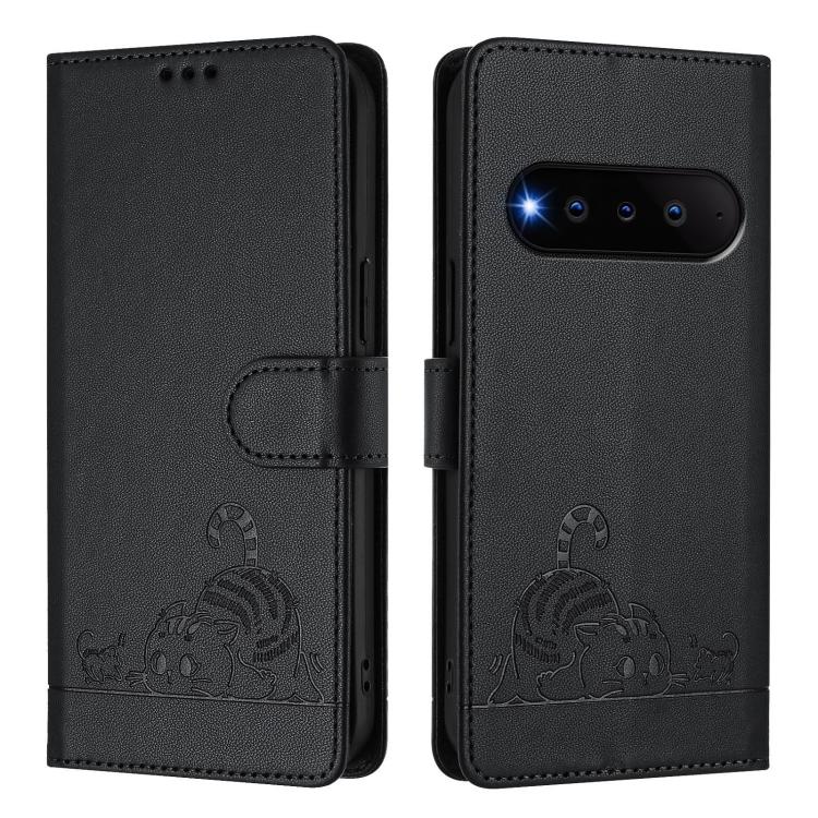 For Natural AI Phone 5G Cat Rat Embossed Pattern RFID Leather Phone Case with Lanyard