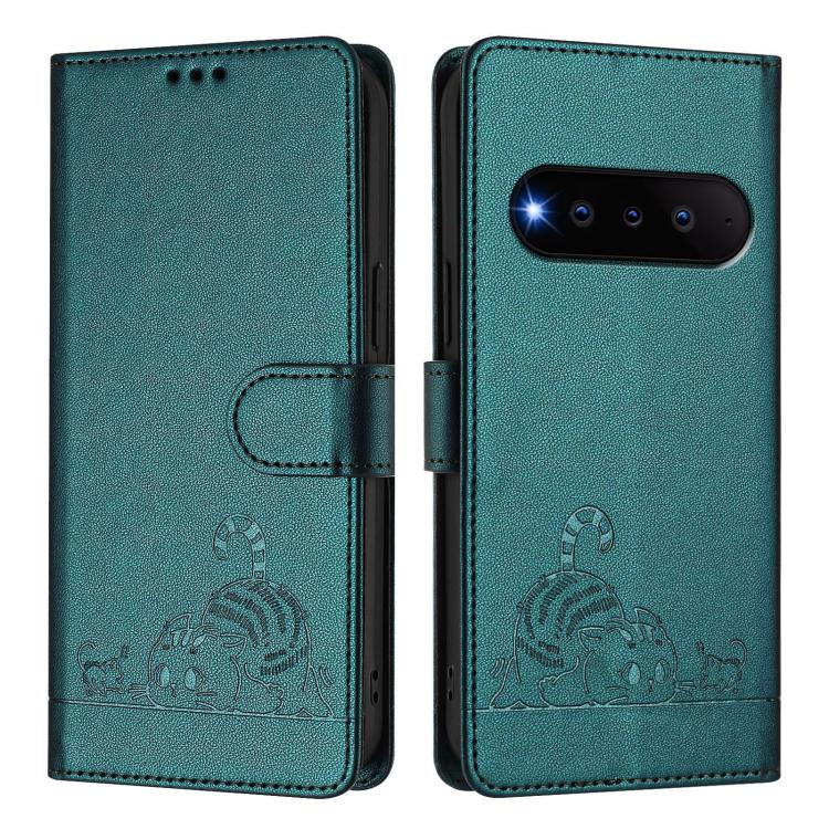 For Natural AI Phone 5G Cat Rat Embossed Pattern RFID Leather Phone Case with Lanyard