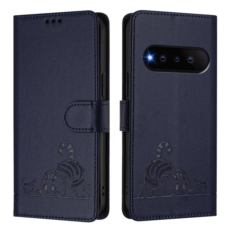 For Natural AI Phone 5G Cat Rat Embossed Pattern RFID Leather Phone Case with Lanyard