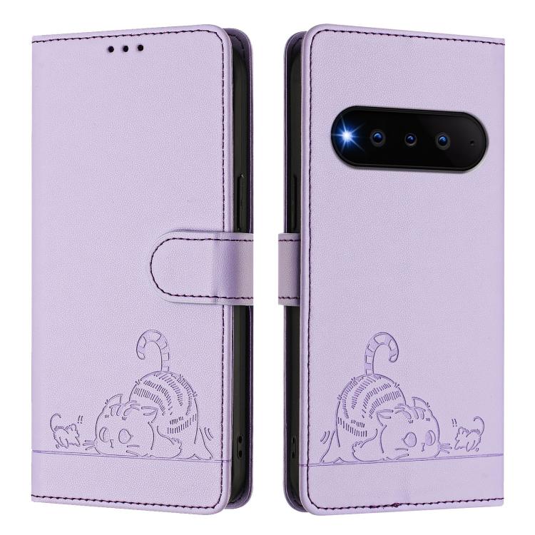 For Natural AI Phone 5G Cat Rat Embossed Pattern RFID Leather Phone Case with Lanyard