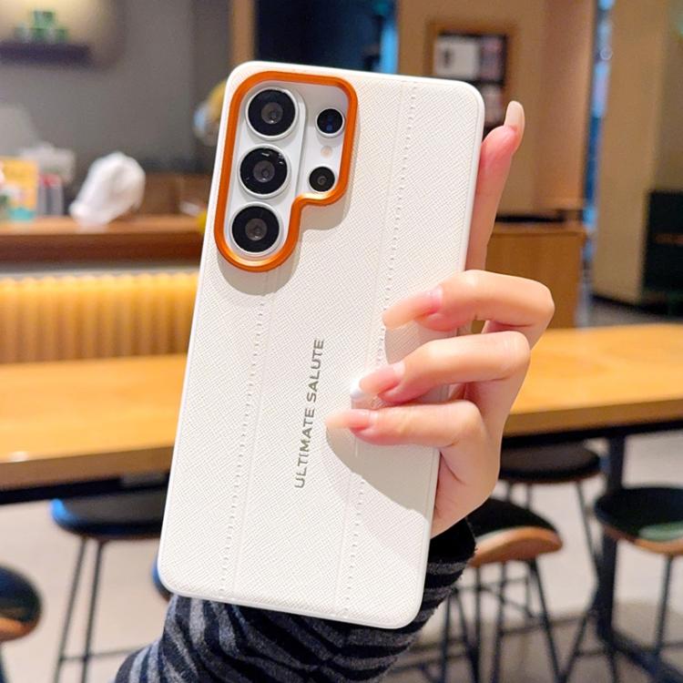 For Galaxy S25 Ultra 5G Metal Camera Lens Frame Buttons Vegan Leather Phone Case
