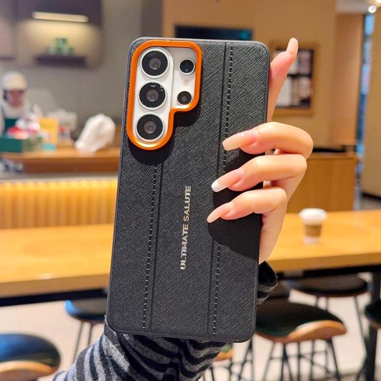For Galaxy S25 Ultra 5G Metal Camera Lens Frame Buttons Vegan Leather Phone Case