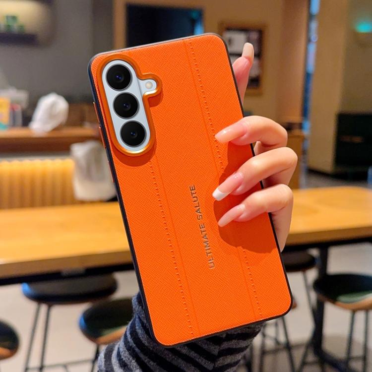 For Galaxy S25+ 5G Metal Camera Lens Frame Buttons Vegan Leather Phone Case