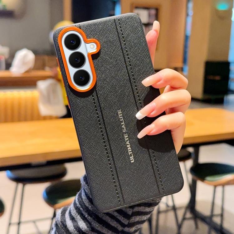 For Galaxy S25+ 5G Metal Camera Lens Frame Buttons Vegan Leather Phone Case