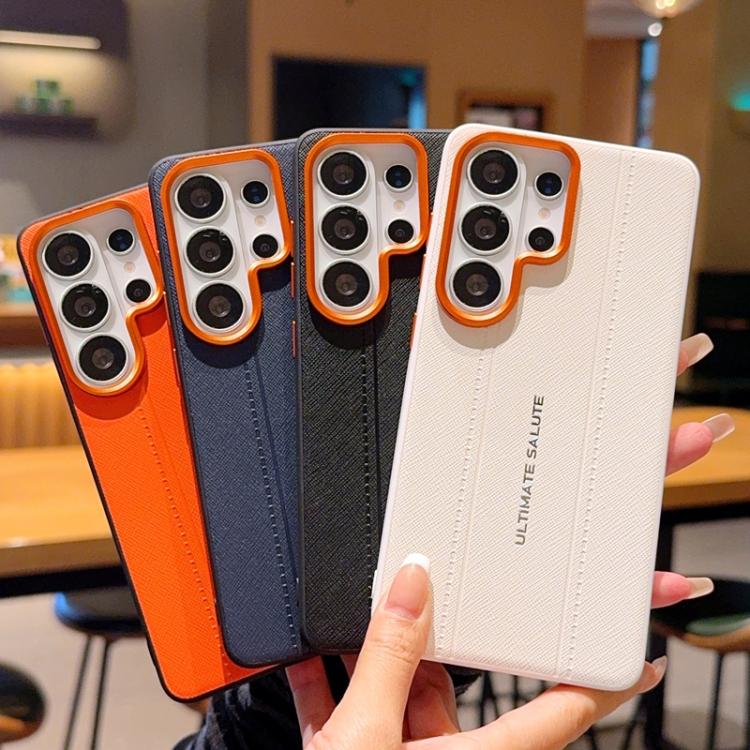 For Galaxy S25+ 5G Metal Camera Lens Frame Buttons Vegan Leather Phone Case