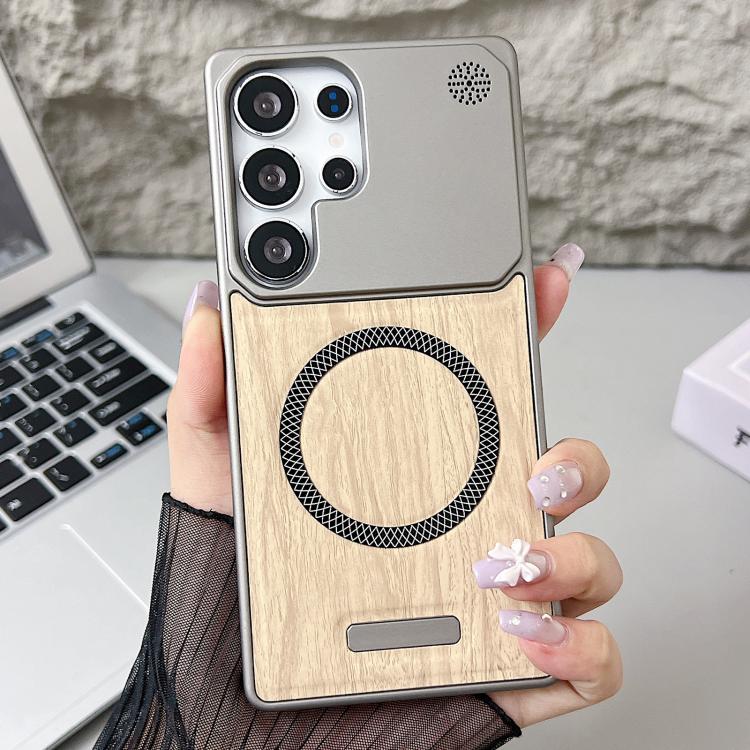 For Galaxy S25 Ultra 5G Wood Grain Magnetic PC Shockproof Phone Case
