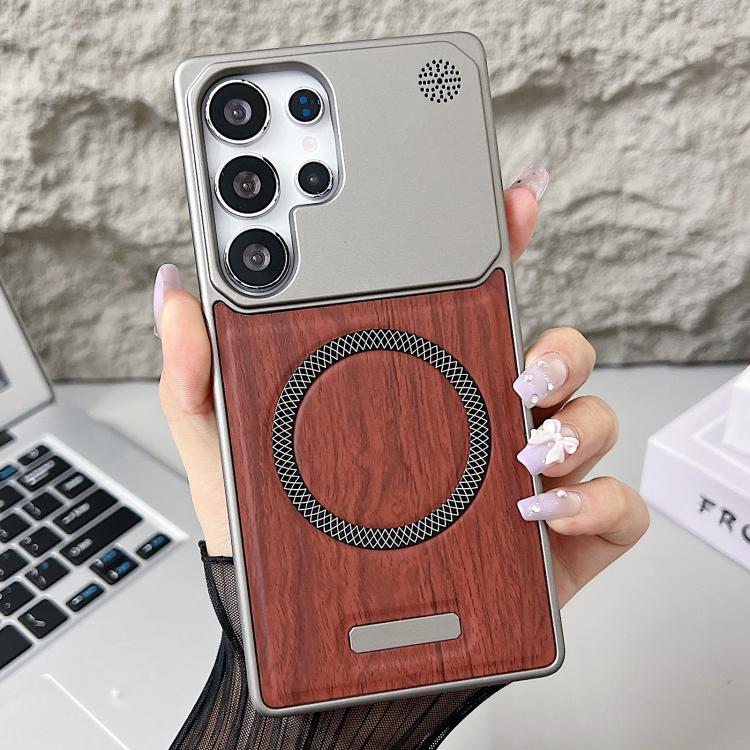 For Galaxy S25 Ultra 5G Wood Grain Magnetic PC Shockproof Phone Case