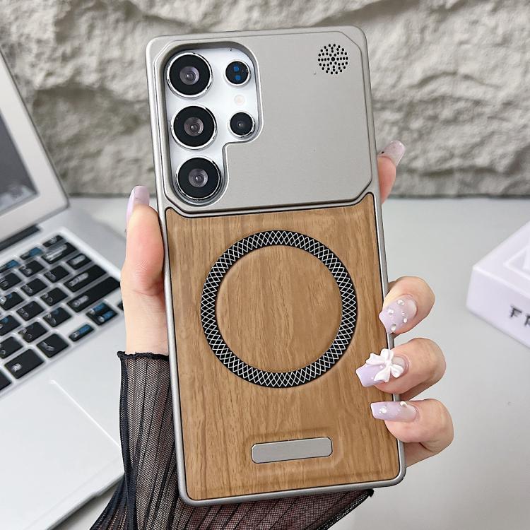 For Galaxy S25 Ultra 5G Wood Grain Magnetic PC Shockproof Phone Case