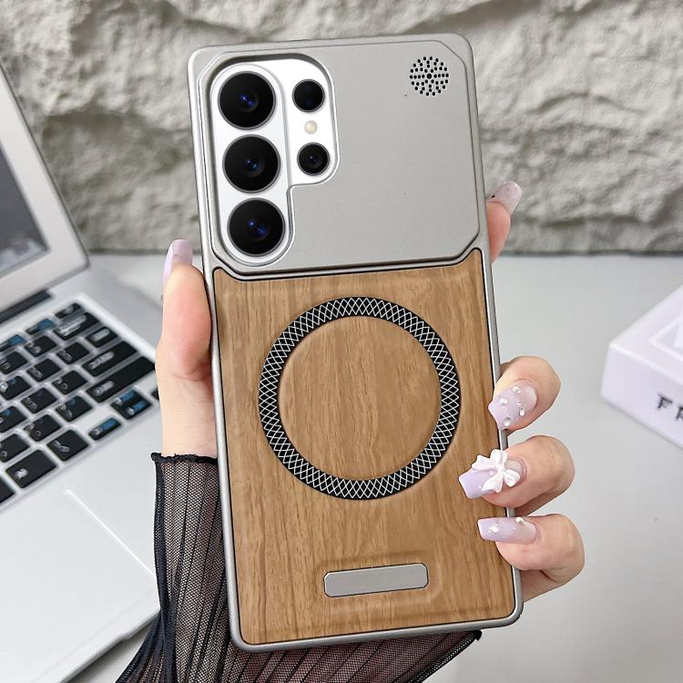 For Galaxy S26 Ultra 5G Wood Grain Magnetic PC Shockproof Phone Case
