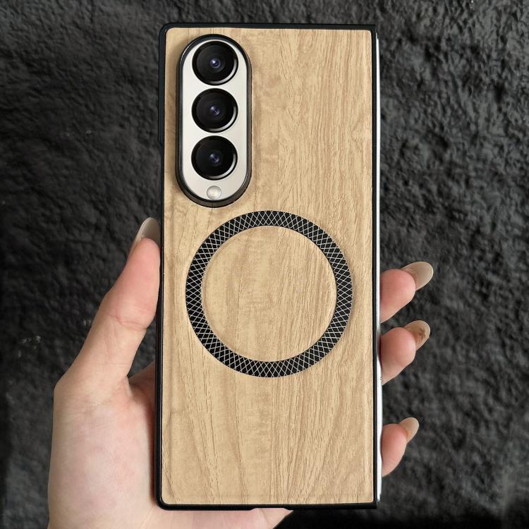 For Galaxy Z Fold4 Wood Grain Magnetic PC Shockproof Phone Case