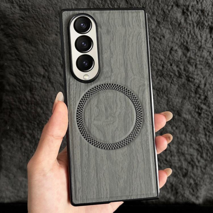 For Galaxy Z Fold4 Wood Grain Magnetic PC Shockproof Phone Case